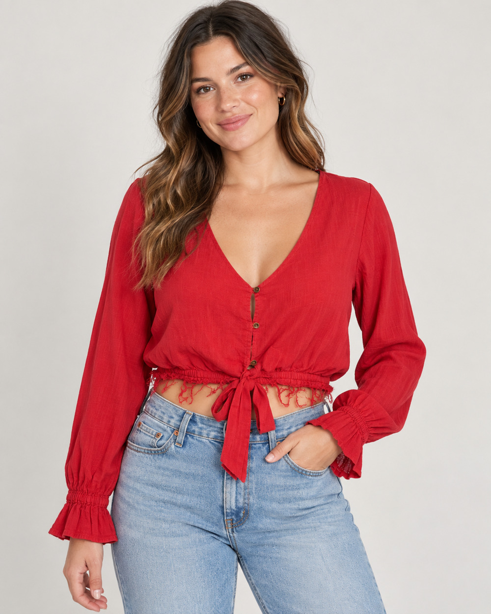 Billabong Red Tie Front Crop Blouse Womens Boho V Neck Long Sleeve Frayed Hem